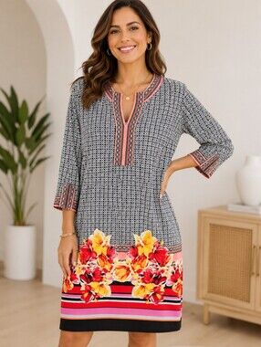 Trulli Black White Geometric Floral Border Shift Dress XL Boho Tunic EUC